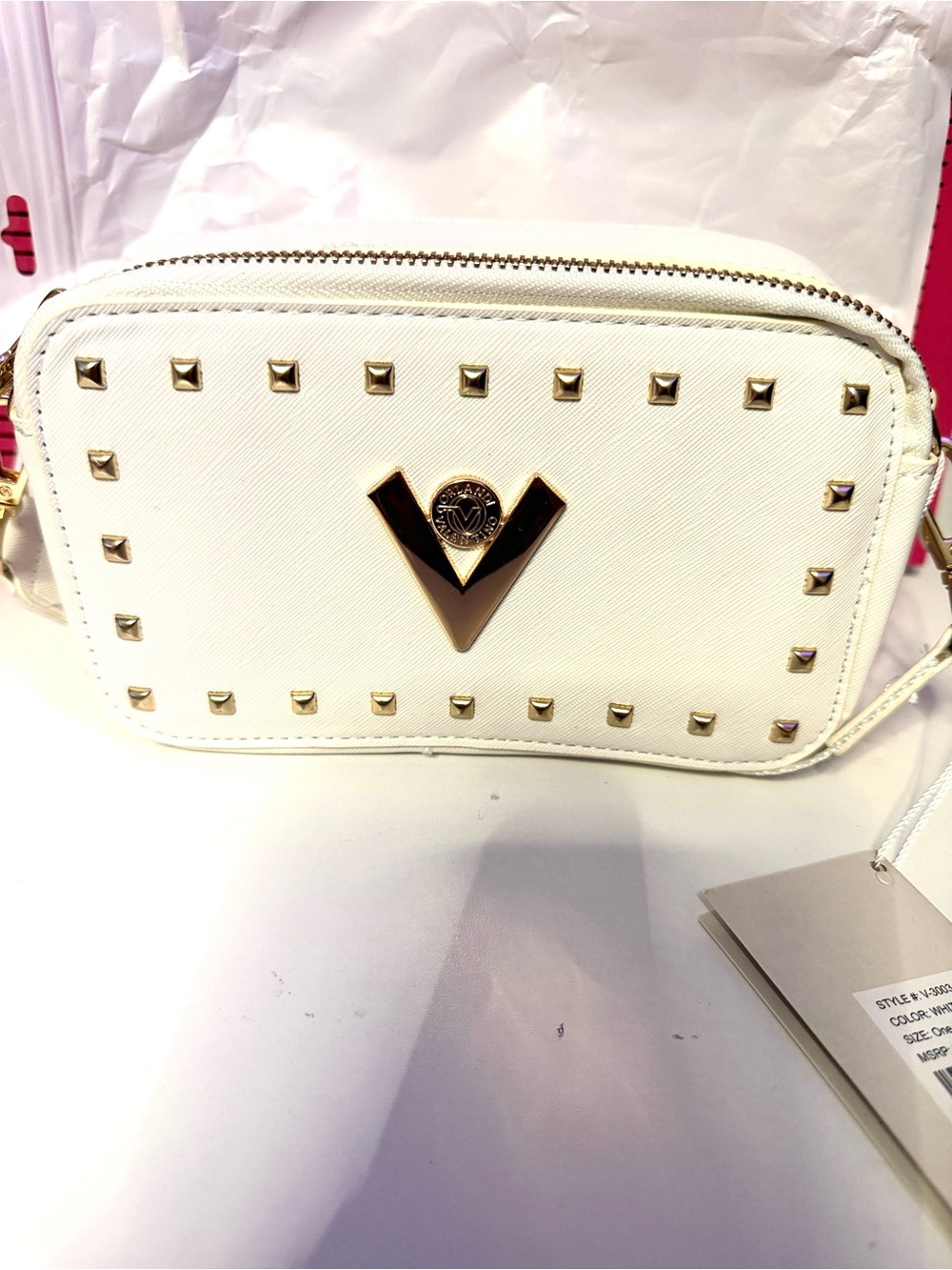 VALENTINO O White GOLD Studded Crossbody Bag with Gold V Emblem